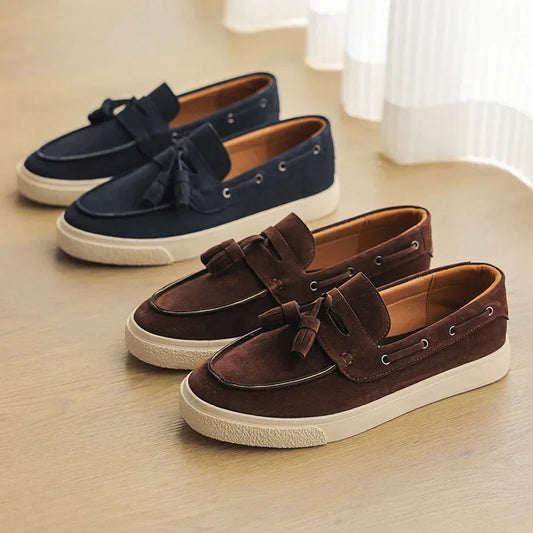 Classic Men's Genuine Leather Tassel Loafers Flat Bottom Casual Shoes