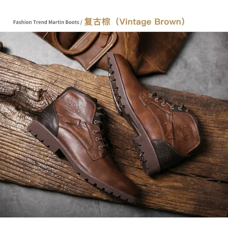 Leather Men Ankle Boots High Top Shoes | Outdoor Work Casual Shoes